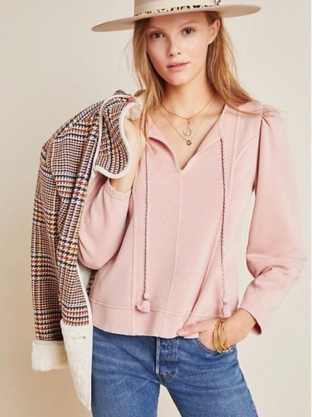 Anthropologie Maeve Jeanne Puff-Sleeved Pullover Pink Sweatshirt Size Small